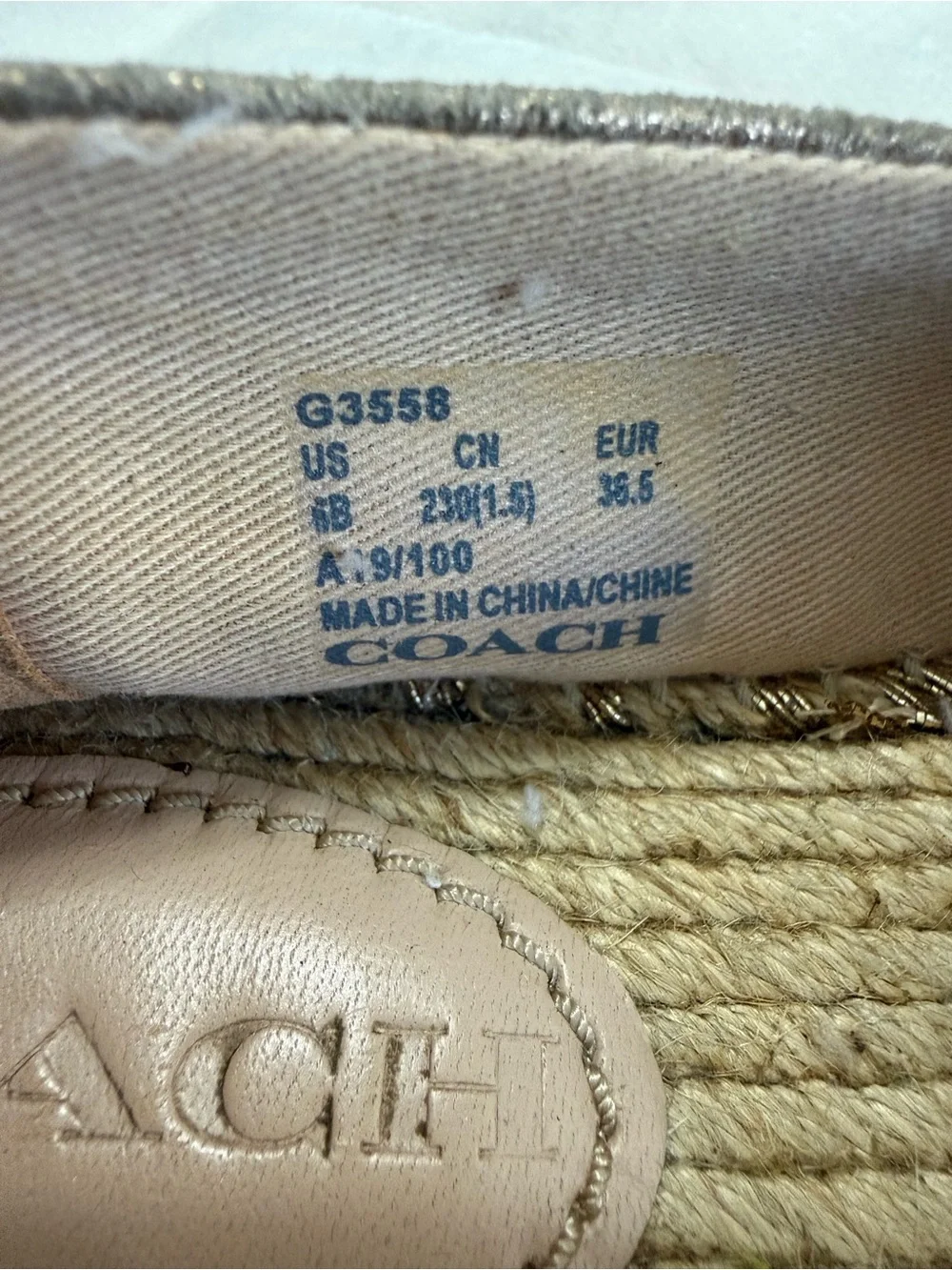 Coach Metallic Champagne Leather Espadrille Flats Slip-On Shoes Women’s 6B